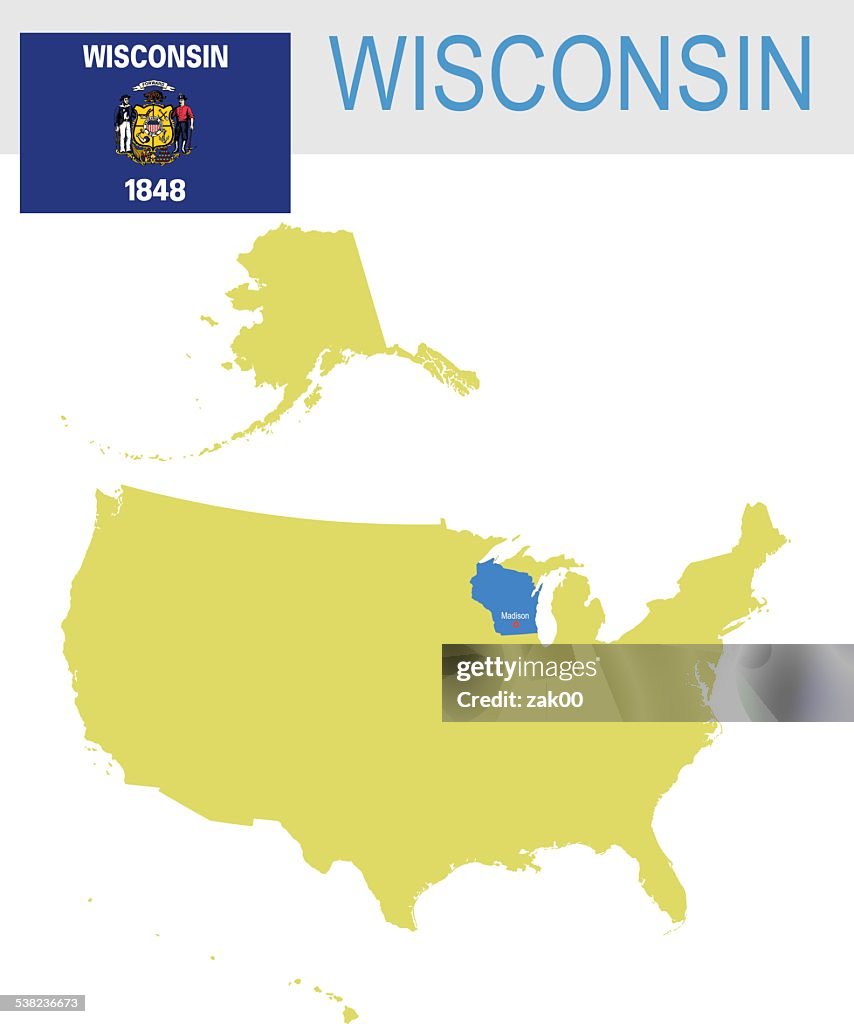 USA state Of Wisconsin's map and Flag