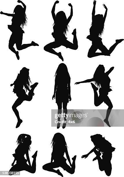 glückliche frauen springen - cheerleader silhouette stock-grafiken, -clipart, -cartoons und -symbole