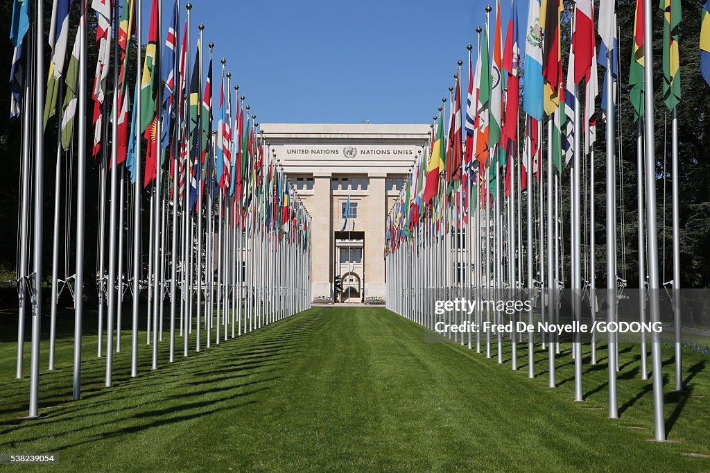 The flag lined approach to the entrance of the United Nations' Headquarters in Geneva.