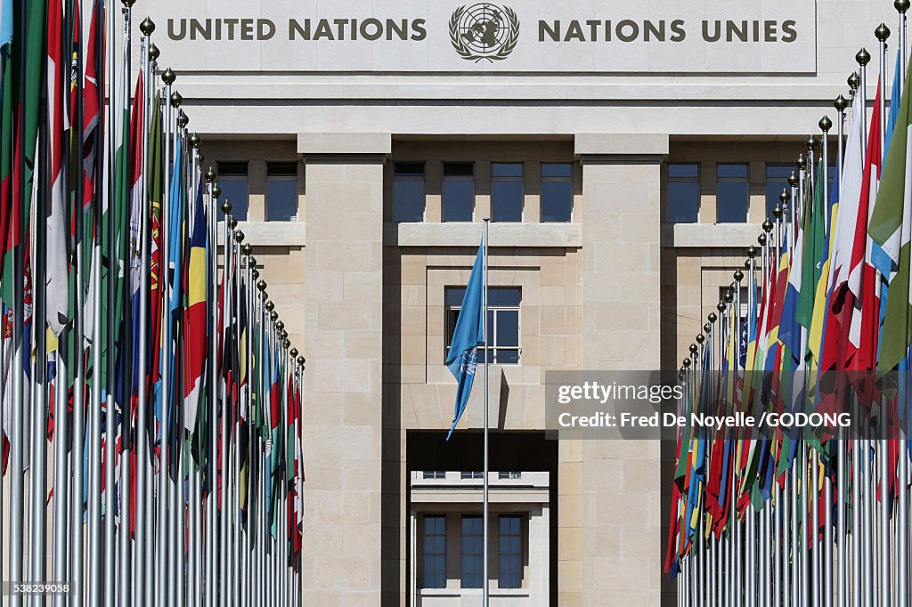 The flag lined approach to the entrance of the United Nations' Headquarters in Geneva.