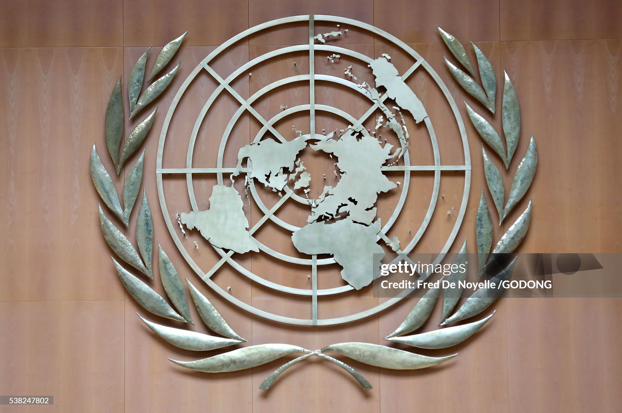 United Nations Office at Geneva (UNOG). Assembly hall. United Nations emblem.