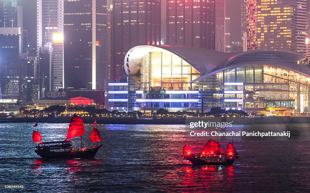 Aqua Luna (Cheung Po Tsai): red-sail boat from Victoria Harbour in Hong Kong
