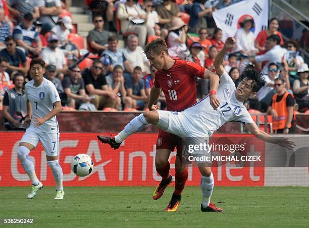 Josef Sural of Czech Republic vies with Ju Se-jong of South Korea during their friendly football match on June 5, 2016 in Prague, ahead of the Euro...