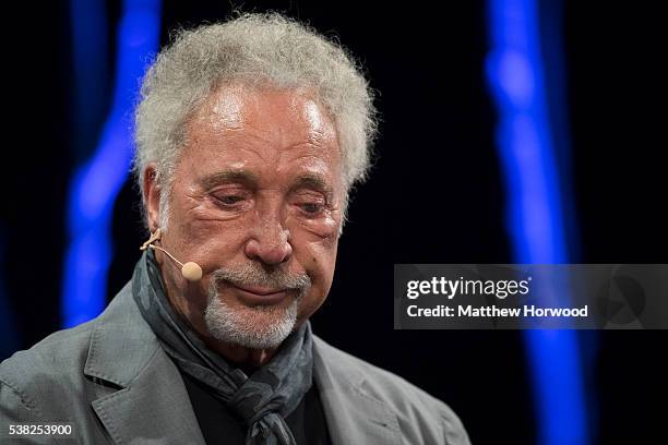 Sir Tom Jones speaks during the 2016 Hay Festival on June 5, 2016 in Hay-on-Wye, Wales. This is the Welsh singer's first public appearance since the...