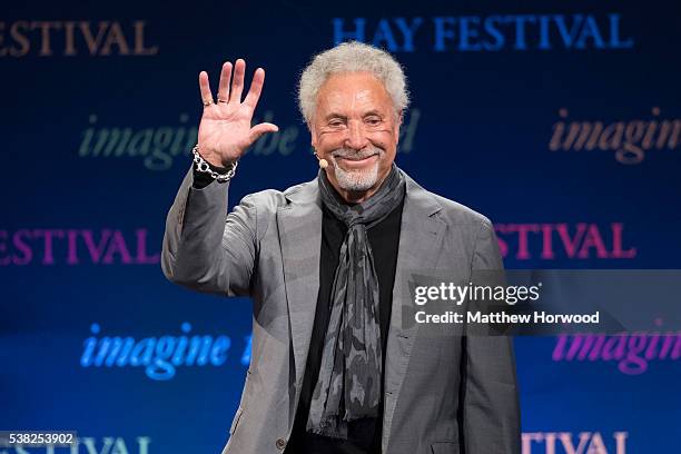 Sir Tom Jones speaks during the 2016 Hay Festival on June 5, 2016 in Hay-on-Wye, Wales. This is the Welsh singer's first public appearance since the...