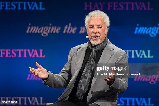 Sir Tom Jones speaks during the 2016 Hay Festival on June 5, 2016 in Hay-on-Wye, Wales. This is the Welsh singer's first public appearance since the...