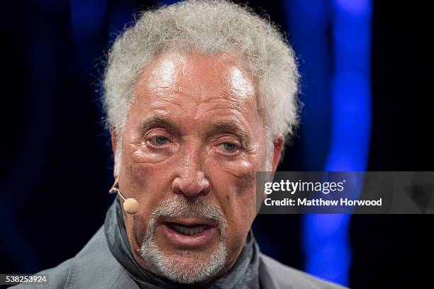 Sir Tom Jones speaks during the 2016 Hay Festival on June 5, 2016 in Hay-on-Wye, Wales. This is the Welsh singer's first public appearance since the...