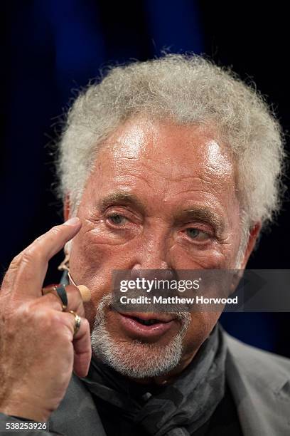 Sir Tom Jones speaks during the 2016 Hay Festival on June 5, 2016 in Hay-on-Wye, Wales. This is the Welsh singer's first public appearance since the...