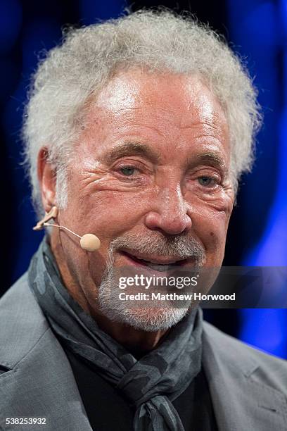 Sir Tom Jones speaks during the 2016 Hay Festival on June 5, 2016 in Hay-on-Wye, Wales. This is the Welsh singer's first public appearance since the...