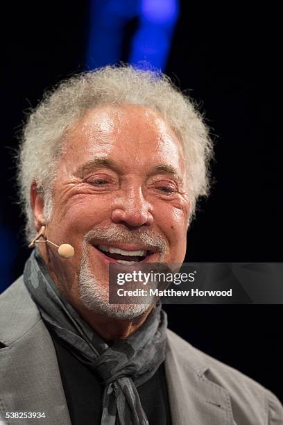 Sir Tom Jones speaks during the 2016 Hay Festival on June 5, 2016 in Hay-on-Wye, Wales. This is the Welsh singer's first public appearance since the...