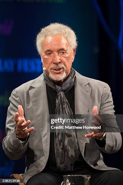 Sir Tom Jones speaks during the 2016 Hay Festival on June 5, 2016 in Hay-on-Wye, Wales. This is the Welsh singer's first public appearance since the...