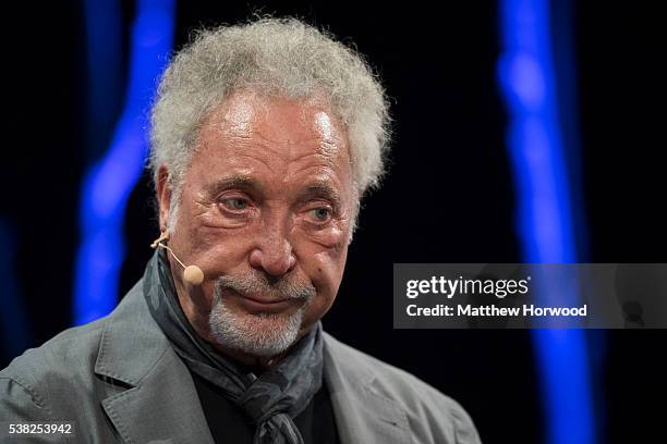 Sir Tom Jones speaks during the 2016 Hay Festival on June 5, 2016 in Hay-on-Wye, Wales. This is the Welsh singer's first public appearance since the...