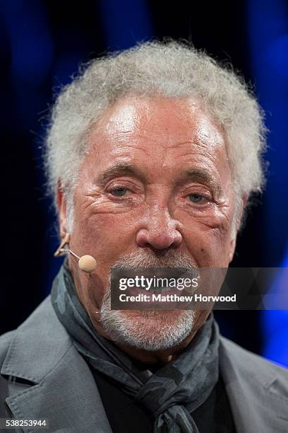 Sir Tom Jones speaks during the 2016 Hay Festival on June 5, 2016 in Hay-on-Wye, Wales. This is the Welsh singer's first public appearance since the...