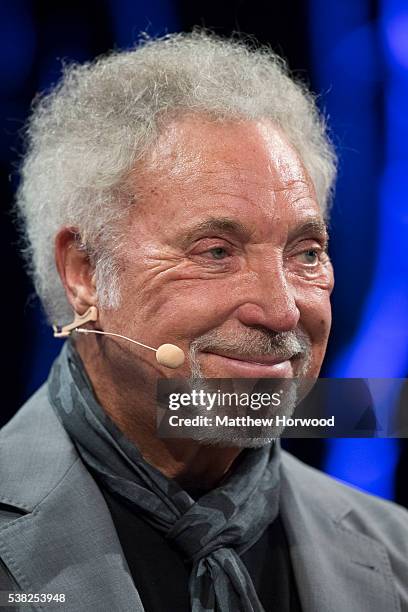 Sir Tom Jones speaks during the 2016 Hay Festival on June 5, 2016 in Hay-on-Wye, Wales. This is the Welsh singer's first public appearance since the...