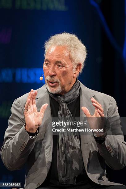 Sir Tom Jones speaks during the 2016 Hay Festival on June 5, 2016 in Hay-on-Wye, Wales. This is the Welsh singer's first public appearance since the...