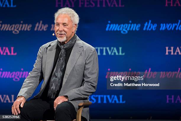 Sir Tom Jones speaks during the 2016 Hay Festival on June 5, 2016 in Hay-on-Wye, Wales. This is the Welsh singer's first public appearance since the...