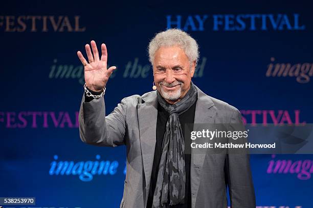 Sir Tom Jones speaks during the 2016 Hay Festival on June 5, 2016 in Hay-on-Wye, Wales. This is the Welsh singer's first public appearance since the...