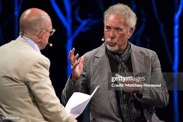 Sir Tom Jones interviewed by GQ editor Dylan Jones during the 2016 Hay Festival on June 5, 2016 in Hay-on-Wye, Wales. This is the Welsh singer's...