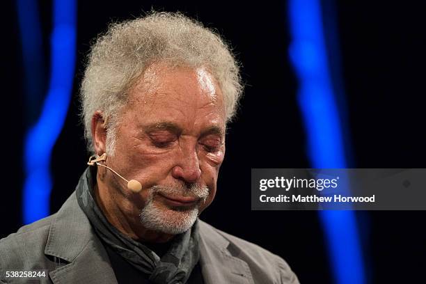 Sir Tom Jones appears to fight back tears during the 2016 Hay Festival on June 5, 2016 in Hay-on-Wye, Wales. This is the Welsh singer's first public...