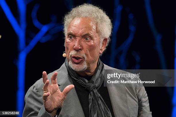 Sir Tom Jones speaks during the 2016 Hay Festival on June 5, 2016 in Hay-on-Wye, Wales. This is the Welsh singer's first public appearance since the...