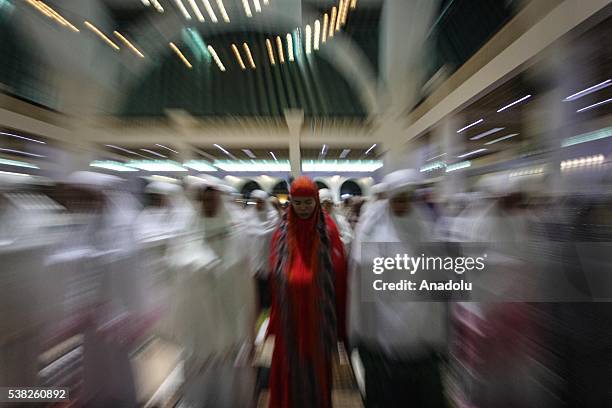 Muslims perform the first 'Tarawih' prayer on the eve of the Islamic holy month of Ramadan at the Great Mosque of Central Java in Semarang, Central...