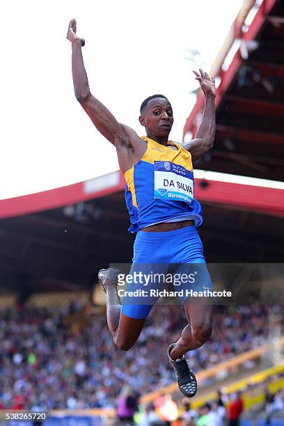 Mauro Vinicius da Silva of Brazil competes in the Men's Long Jump during the IAAF Diamond League meeting at Alexander Stadium on June 5, 2016 in...