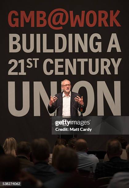 Labour Party leader Jeremy Corbyn address the GMB Congress at the Bournemouth International Centre on June 5, 2016 in Bournemouth, England. Last week...