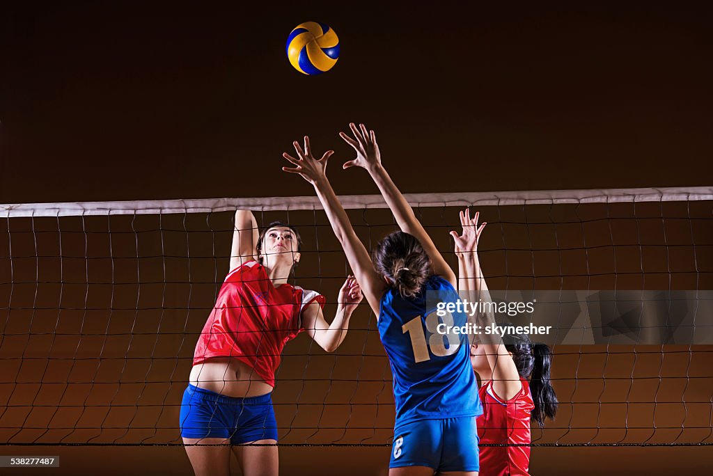 Female volleyball team practicing.