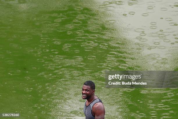 Justin Gatlin of the United States looks on after winning the "Mano a Mano" challenge at the Quinta da Boa Vista, on June 5, 2016 in Rio de Janeiro,...