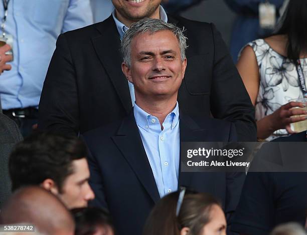 Jose Mourinho the manager of Manchester United looks on during the Soccer Aid 2016 match in aid of UNICEF at Old Trafford on June 5, 2016 in...