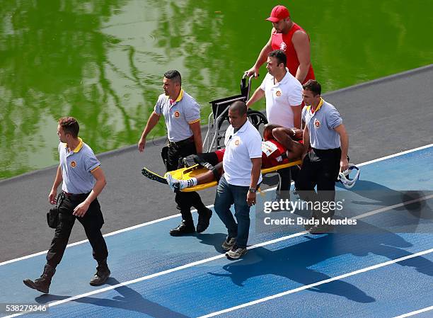 The paralympic athlete, Richard Browne of the United States is carried on a stretcher after he suffered an injury during the "Mano a Mano" challenge...