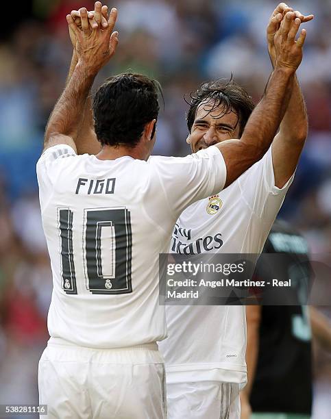 Luis Figo and Raul Gonzalez of Real Madrid Legends celebrate their team's second goal during the Corazon Classic charity match between Real Madrid...