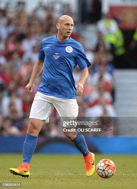 Former Dutch footballer Jaap Stam in action during the Soccer Aid charity football match between England and the Rest of the World at Old Trafford...