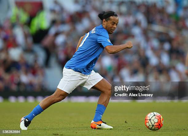 Ronaldinho of Rest of the World in action during the Soccer Aid 2016 match in aid of UNICEF at Old Trafford on June 5, 2016 in Manchester, England.