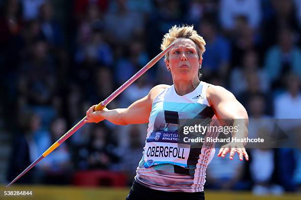 Christina Obergfoll of Germany competes in the Women's Javelin during the IAAF Diamond League meeting at Alexander Stadium on June 5, 2016 in...