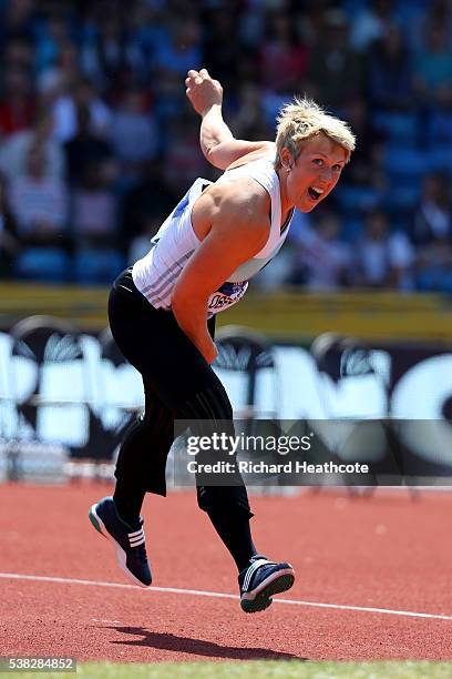 Christina Obergfoll of Germany competes in the Women's Javelin during the IAAF Diamond League meeting at Alexander Stadium on June 5, 2016 in...