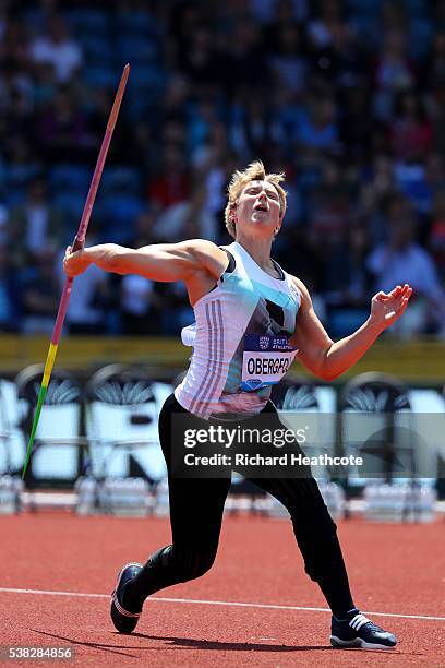 Christina Obergfoll of Germany competes in the Women's Javelin during the IAAF Diamond League meeting at Alexander Stadium on June 5, 2016 in...