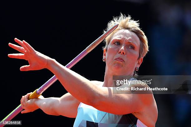 Christina Obergfoll of Germany competes in the Women's Javelin during the IAAF Diamond League meeting at Alexander Stadium on June 5, 2016 in...