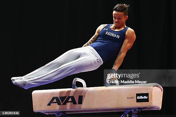 Paul Ruggeri III competes on the pommel horse during the 2016 Men's P&G Gymnastics CHampionships at the XL Center on June 5, 2016 in Hartford,...