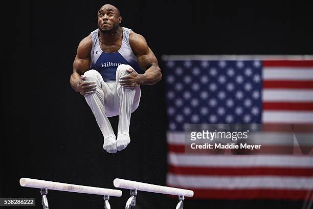 Donnell Whittenburg competes on the parallel bars during the 2016 Men's P&G Gymnastics CHampionships at the XL Center on June 5, 2016 in Hartford,...