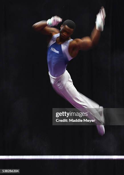 Marvin Kimble competes on the horizontal bar during the 2016 Men's P&G Gymnastics Championships at the XL Center on June 5, 2016 in Hartford,...