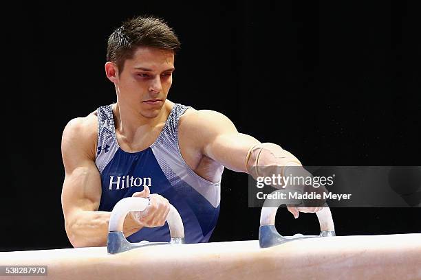 Chris Brooks prepares to compete on the pommel horse during the 2016 Men's P&G Gymnastics Championships at the XL Center on June 5, 2016 in Hartford,...