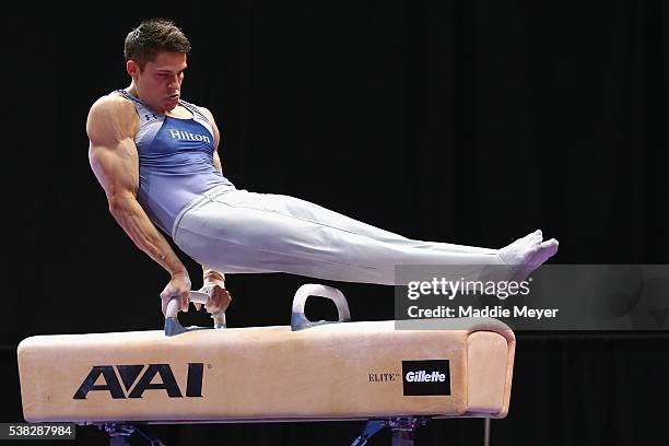 Chris Brooks competes on the pommel horse during the 2016 Men's P&G Gymnastics Championships at the XL Center on June 5, 2016 in Hartford,...