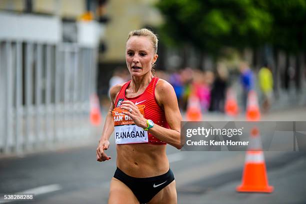 Time Olympian Shalane Flanagan competes in the half marathon race during the 19th running of the Suja Rock 'n' Roll San Diego Marathon on June 5,...