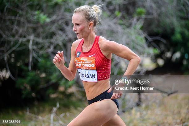 Time Olympian Shalane Flanagan competes in the half marathon race during the 19th running of the Suja Rock 'n' Roll San Diego Marathon on June 5,...