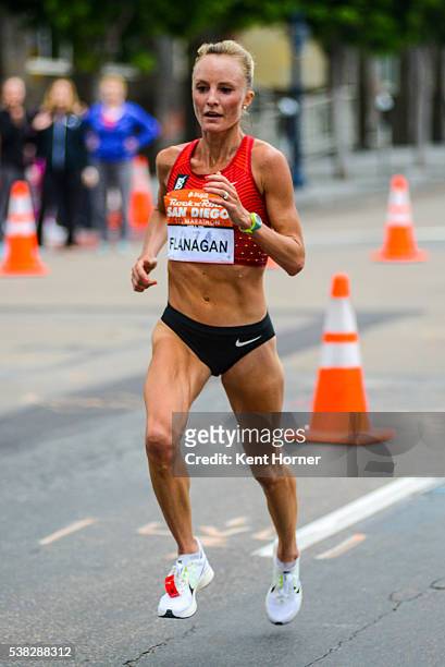 Time Olympian Shalane Flanagan competes in the half marathon race during the 19th running of the Suja Rock 'n' Roll San Diego Marathon on June 5,...