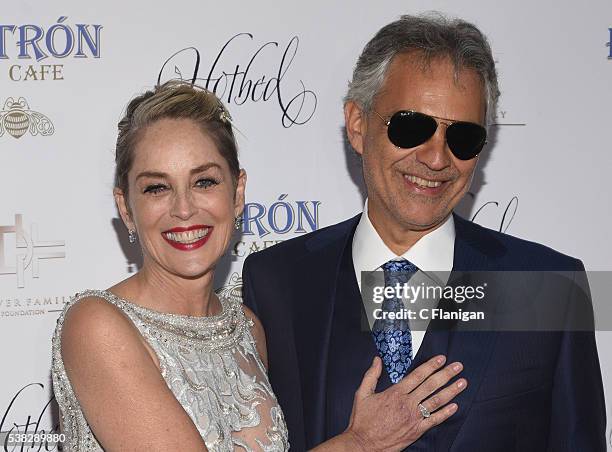 Actress Sharon Stone and Andrea Bocelli arrive to the 5th Annual Hotbed Gala Presented By The Drever Family Foundation at the Drever Family Estate on...