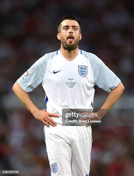 Jack Whitehall of England looks on during the Soccer Aid 2016 match in aid of UNICEF at Old Trafford on June 5, 2016 in Manchester, England.