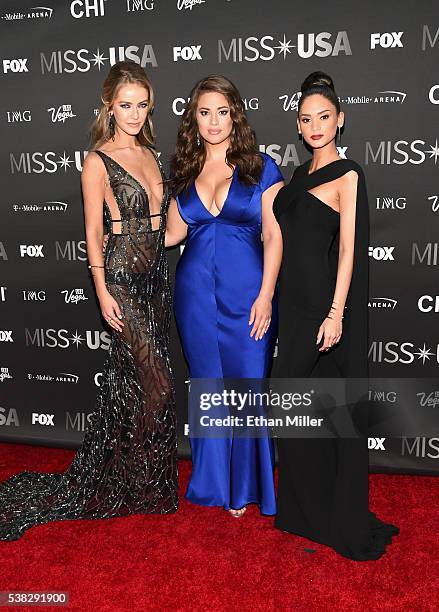 Miss USA 2015 Olivia Jordan, model Ashley Graham and Miss Universe 2015 Pia Alonzo Wurtzbach attend the 2016 Miss USA pageant at T-Mobile Arena on...