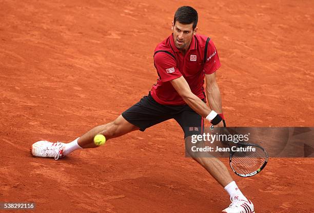 Novak Djokovic of Serbia in action during the Men's Singles final match on day fifteen of the 2016 French Open at Roland-Garros stadium on June 5,...